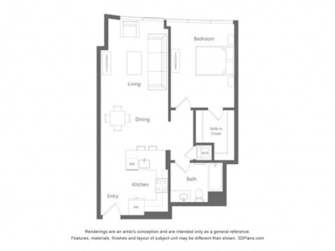 Floor plan for 1 bed, 1 bath, 785 sqft